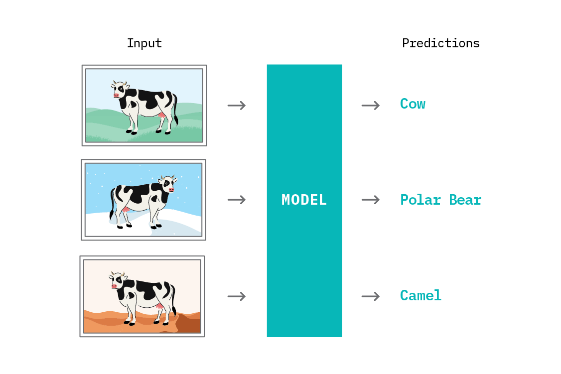 If we rely on empirical risk minimization, we learn spurious correlations between animals and their environments.